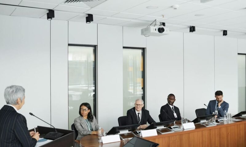 Business meeting with diverse panel and a speaker in a modern conference room.